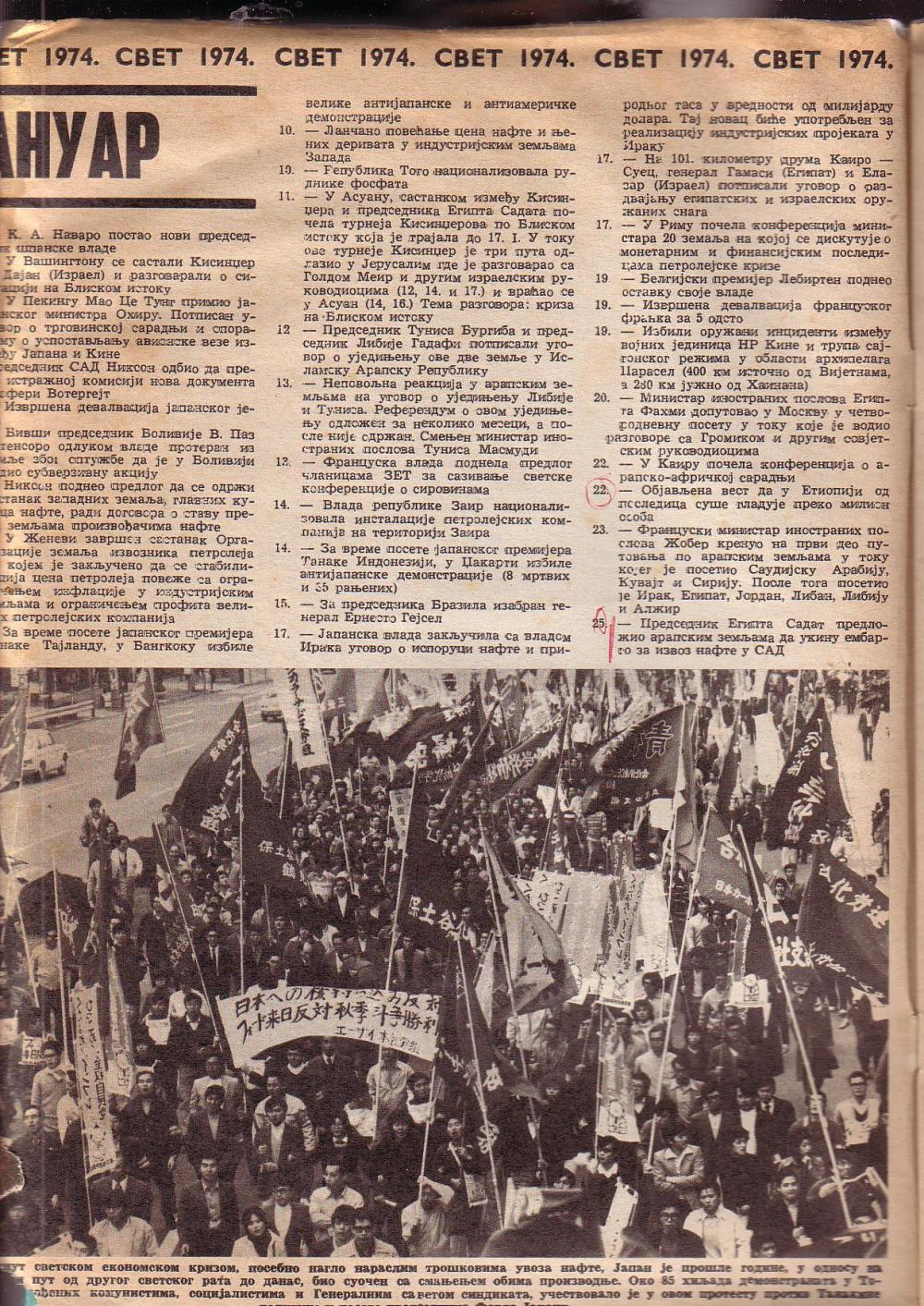 СВЕТ 1974. Хронологија догађаја. (Политика, 19. јануар 1975. године), 2. стр.